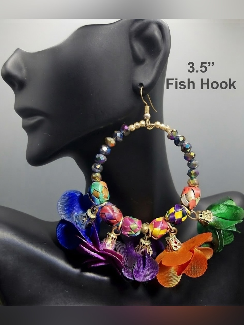 Colorful Floral Hoop Earrings — Multicolor Flower Dangle